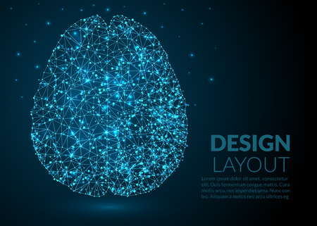 Abstract Illustration of human brain created of lines dots and lights on a dark background - abstract space and stars - futuristic polygonal wireframe designのイラスト素材