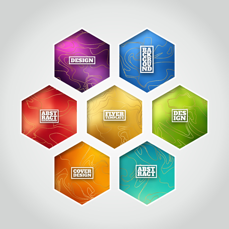 Hexagon label set  Colorful designs with gold marble imitating linesのイラスト素材