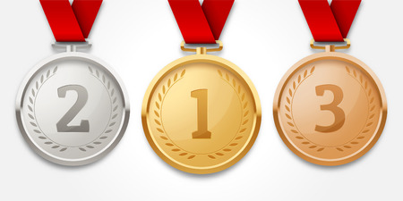 Medal set  Collection of gold, silver and bronze medals with red ribbonsのイラスト素材