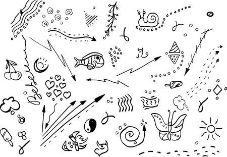vector doodle animals and flowers in black colorのイラスト素材
