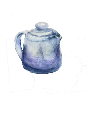 watercolor teapot white with blue, kitchen stickerの写真素材