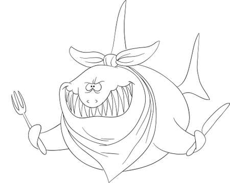 childrens coloring book shark at lunch, hungry fishのイラスト素材