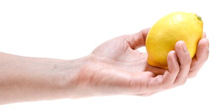 Lemon in hand isolated on white backgroundの写真素材