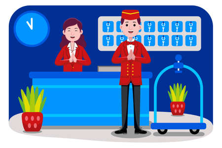 Hotel Receptionist Profession with an illustration. Flat design with cartoon characters.のイラスト素材
