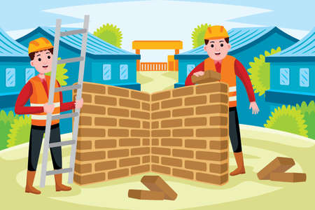 Builders Profession with an illustration. Flat design with cartoon characters.のイラスト素材
