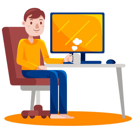 New product Man Working with Computer at Home illustration. Flat design with cartoon characters.のイラスト素材