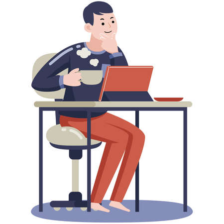 New product Man Working with Digital Tablet at Home illustration. Flat design with cartoon characters.のイラスト素材