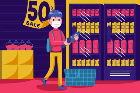 Young man walking with empty basket at supermarket with mask illustration. Flat design with cartoon characters.のイラスト素材