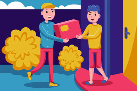Happy young man after package arrived illustration. Flat design with cartoon characters.のイラスト素材