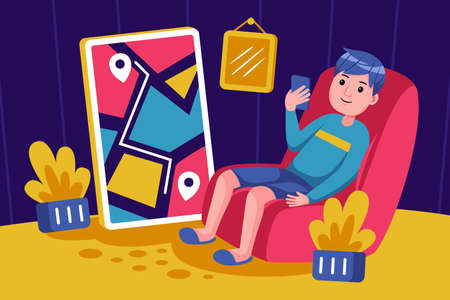 Young woman waiting for a parcel illustration. Flat design with cartoon characters.のイラスト素材
