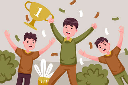 Young handsome man holding trophy screaming proud and celebrating victory illustration. Flat design with cartoon characters.のイラスト素材
