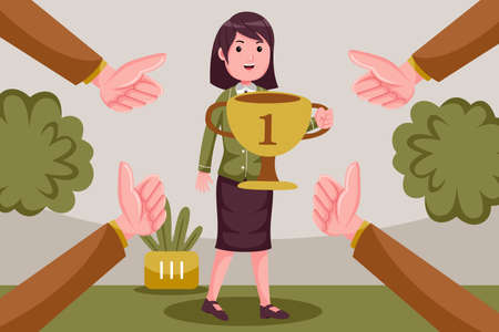 Businesswoman celebrating with trophy award for success in business illustration. Flat design with cartoon characters.のイラスト素材
