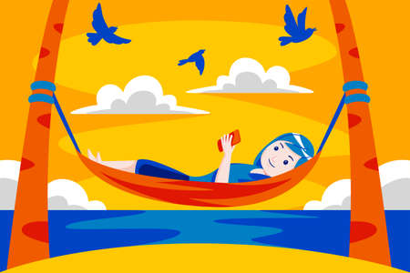 Woman relaxing in the hammock on tropical beach.のイラスト素材