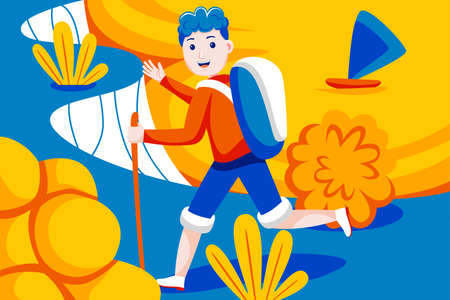 Happy man hiker walking on the slope of mountain ridge.のイラスト素材