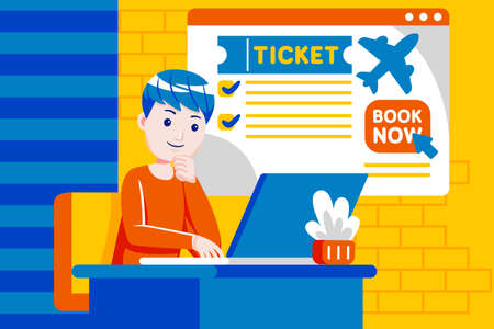 Young man booking flight online with laptop.のイラスト素材