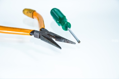 mini Green handle screwdriver and  pliers isolate on white background.