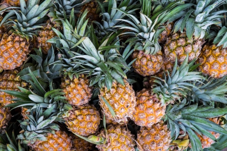 pile of pineapple on sale in market standの写真素材