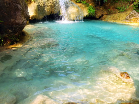 The seven level waterfall at erawan waterfallの写真素材
