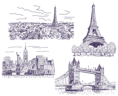 Paris, London and New-York drawings illustrations setのイラスト素材