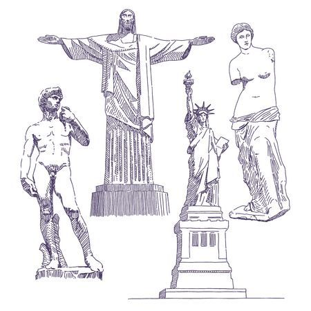 Famous statues drawings, Jesus, David, Venus de Milo, Statue of Libertyのイラスト素材