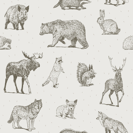Seamless pattern with different hand drawn animalsのイラスト素材