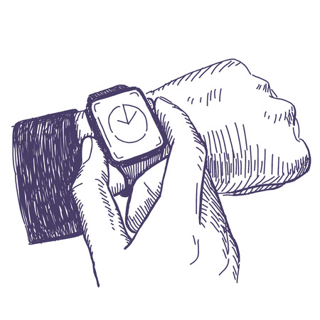 Illustration of businessman looking at the hand watch on white backgroundのイラスト素材