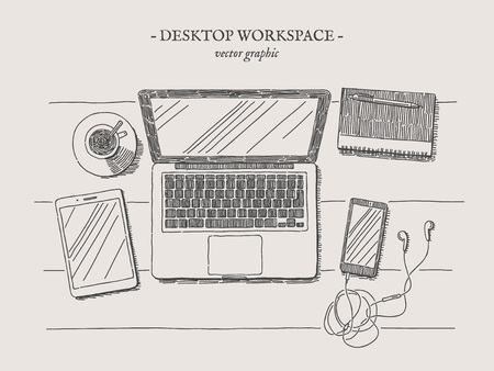 Workplace with laptop, notebook, smartphone, tablet and cup of coffee vector drawn illustration on grey backgroundの写真素材