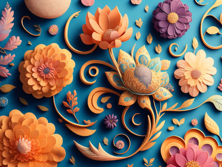 3d render, abstract floral background with colorful flowers and leaves.の素材