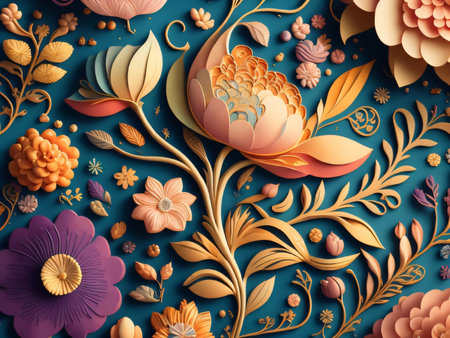 3d render, abstract floral background with flowers and leaves. Floral pattern in vintage style.の素材