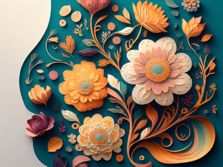 3D illustration of a floral background with flowers, leaves and berriesの素材