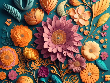 Abstract floral background with flowers and leaves. 3d render illustration.の素材