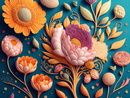Beautiful floral background with flowers and leaves. 3d illustration.の素材