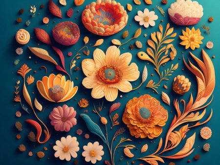 Vintage floral background with flowers and leaves. 3d illustration.の素材