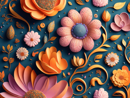 3d render, abstract floral background with flowers, leaves and petalsの素材