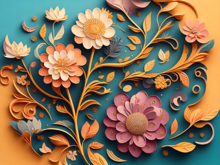 3d render of floral background with flowers in paper cut style.の素材