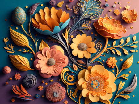 3d render, abstract floral background with flowers, leaves and eggsの素材