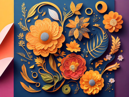 3D illustration. Floral background. Paper cut and craft style.の素材