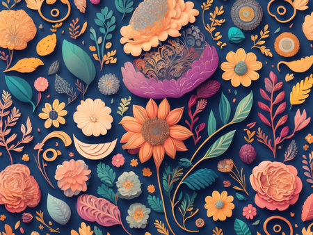 Colorful floral pattern with flowers and leaves. Floral background.の素材
