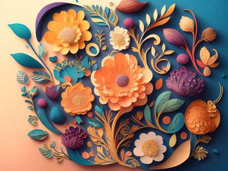 3d render, abstract floral background with flowers, leaves and petalsの素材