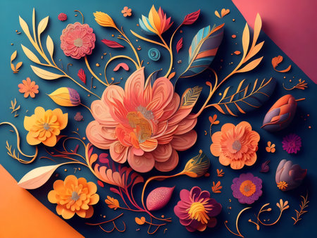 Abstract floral background with flowers and leaves. 3d render illustration.の素材