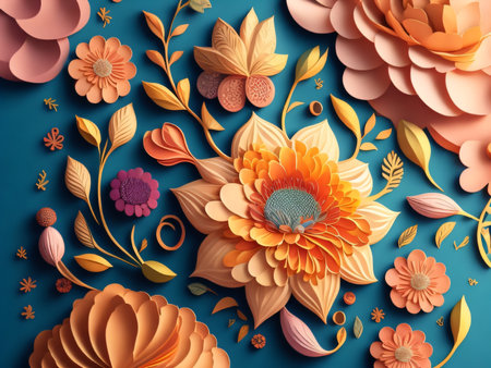 3d paper cut floral background. 3d paper art style. Vector illustration.の素材