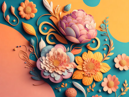 3d render, abstract floral background with flowers and leaves, 3d illustrationの素材
