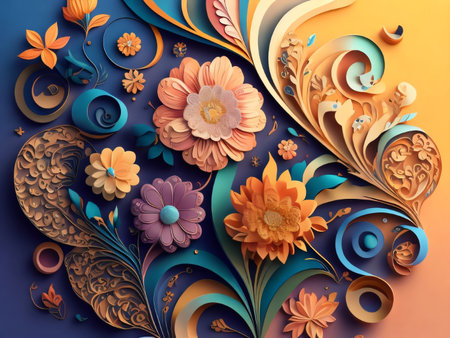 3d illustration of abstract geometric composition with flowers and leaves in blue and orange colorsの素材