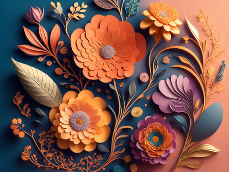 3d render of floral background with orange flowers, leaves and branchesの素材