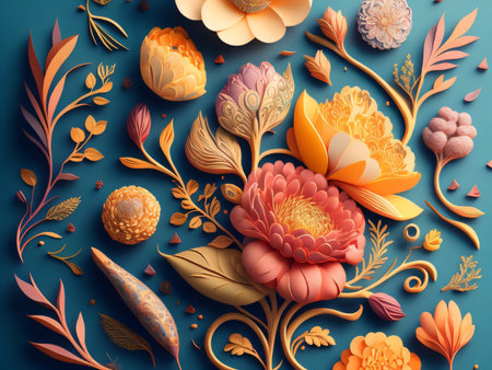 3d render, abstract floral background, orange and yellow flowers, leaves and branches on blueの素材
