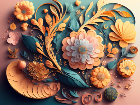 3d illustration of abstract floral background with flowers, leaves and plantsの素材