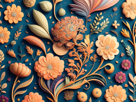 3d render, abstract floral pattern, orange flowers, leaves and berries on blue backgroundの素材
