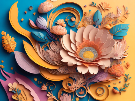 3d illustration of floral abstract background. Paper cut and craft style.の素材