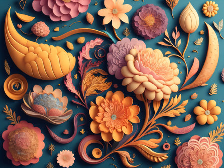3d render, abstract floral background, fantasy flowers and leaves.の素材