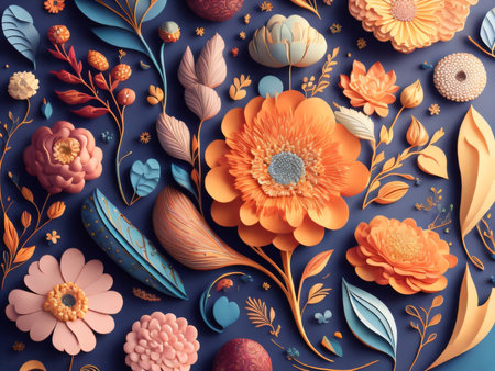 3d render of abstract floral background with flowers, leaves and birdsの素材